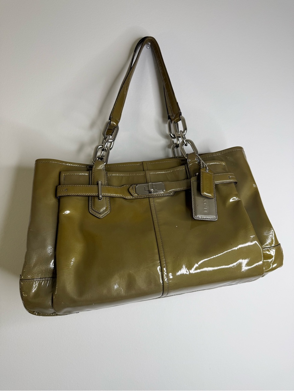 Coach Olive Green Patent Leather Shoulder Bag with Belt Accent